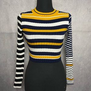 Yellow navy blue black and white different stripe knit long sleeve shirt size xs